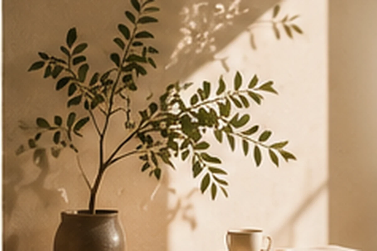 陽光下的植物與書桌一角