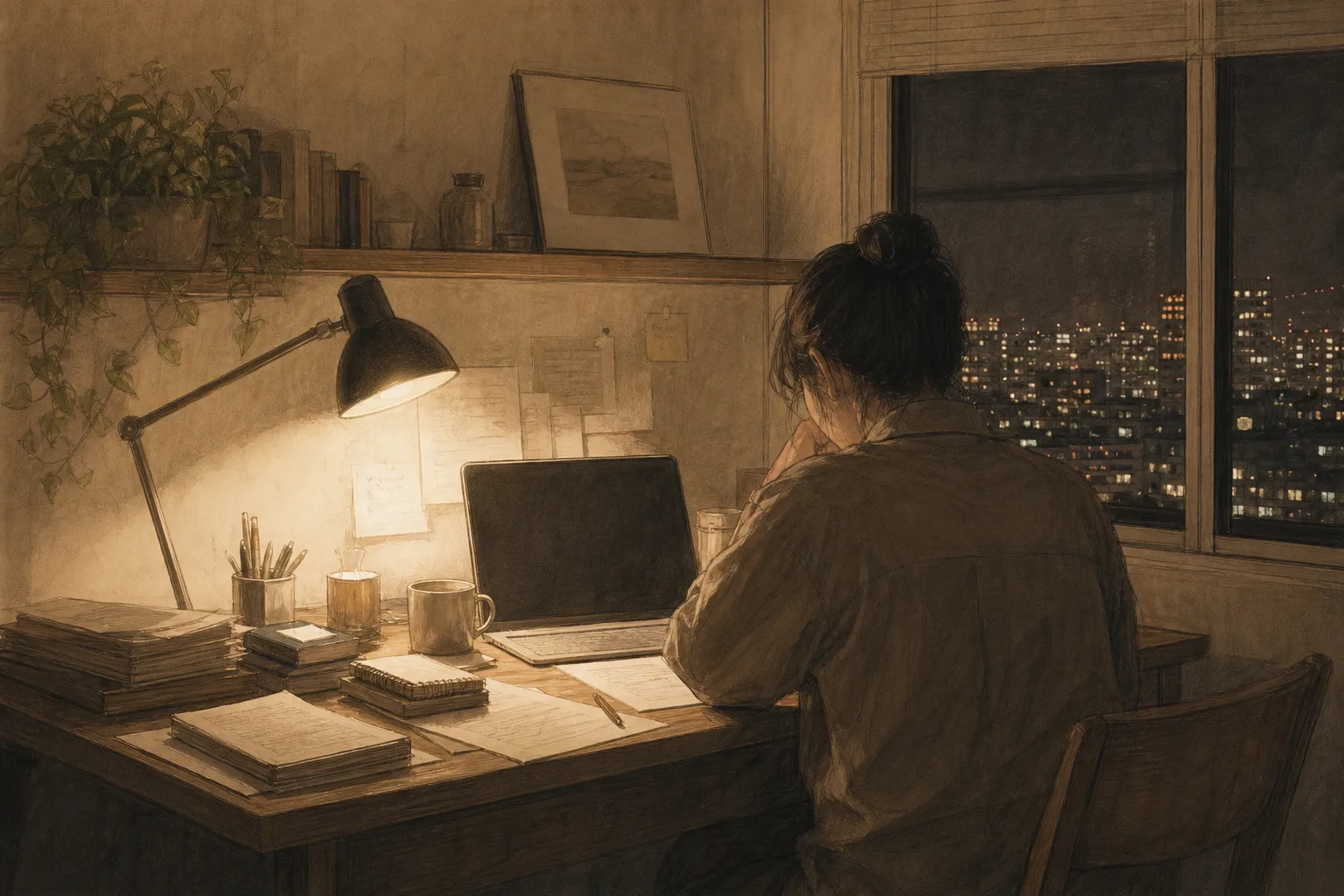 夜間書桌與自由工作者的側背影情境圖