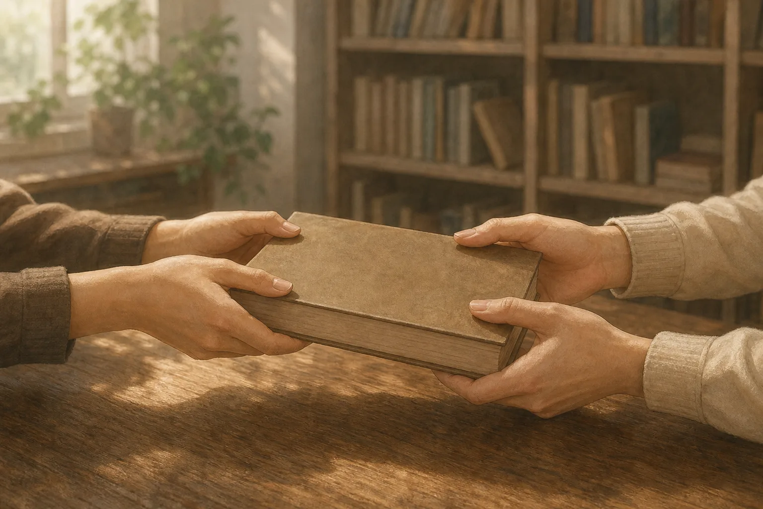 兩雙手在書桌上交接二手書的情境圖