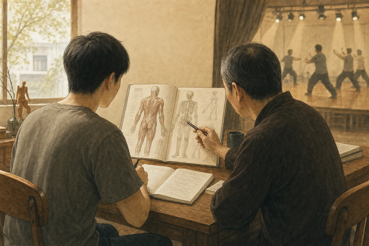 情境畫面：年輕學員與前輩在教室研讀人體結構